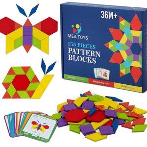 155 Pcs Wooden Pattern Blocks with 24 Design Cards